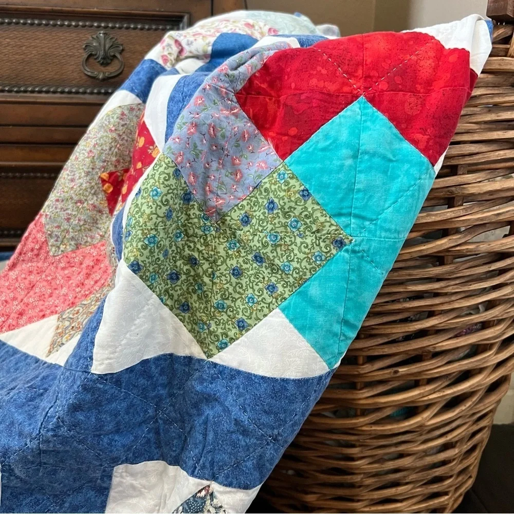 72”x88” Twin Size Handmade Patchwork Cotton Quilt. Simple Shabby Chic.